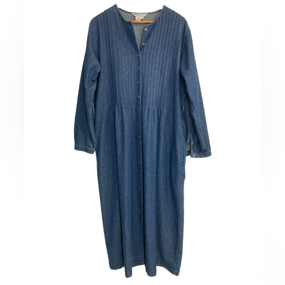 Vintage All Week Long denim button front long sleeve maxi dress w/ pleat bodice
